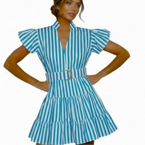 Lusana Karissa Size 6 Arctic Blue Striped Mini Dress Belted Preppy
